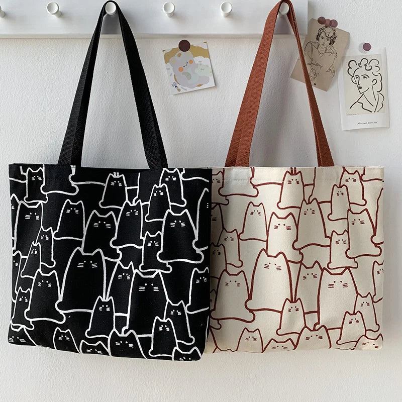 "Japanese Cartoon Cat Canvas Tote: Designer Zipper Handbag"