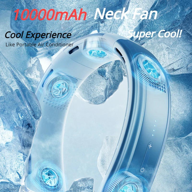 "Portable Neck Fan: 10000mAh Rechargeable, 3-Speed, Silent, Outdoor Ventilator"