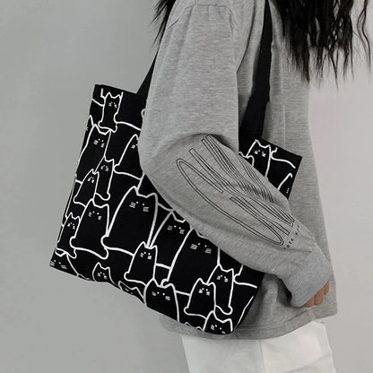 "Japanese Cartoon Cat Canvas Tote: Designer Zipper Handbag"